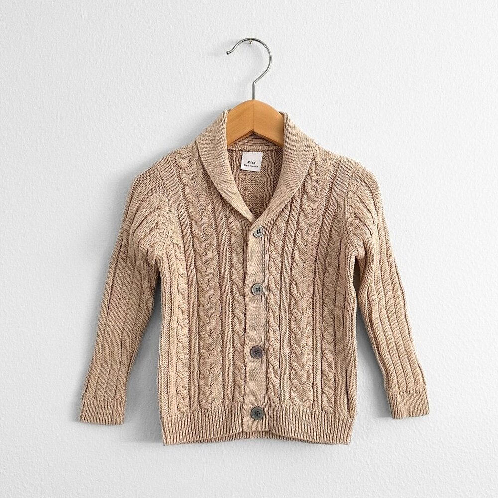 NWT Cute Boys Knitted Sweater Comfy & Warm Long Sleeve Button Down Tan 9-12M